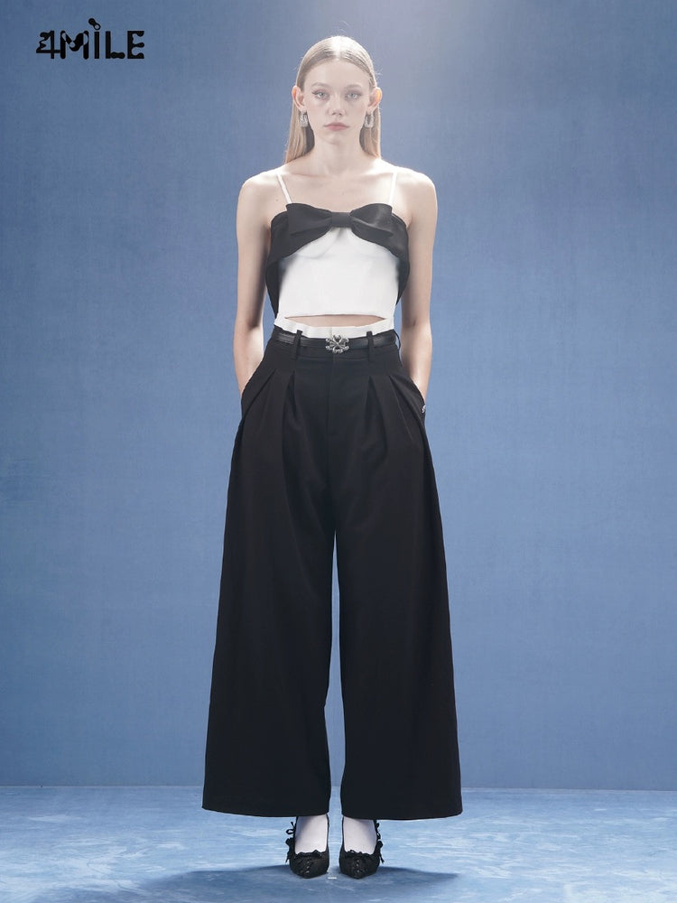 Black Color-blocked Double-layered Wide-leg Suit Trousers