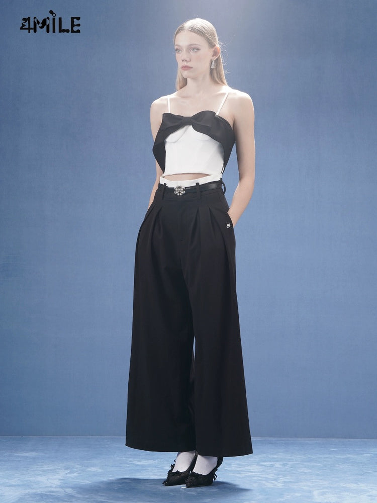 Black Color-blocked Double-layered Wide-leg Suit Trousers