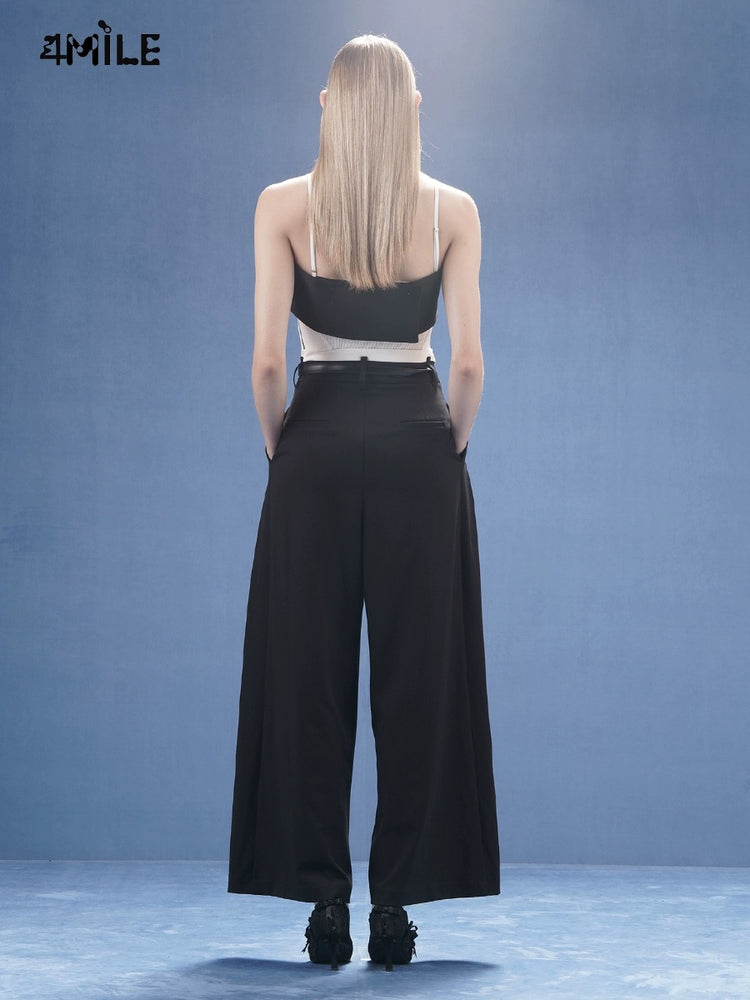 Black Color-blocked Double-layered Wide-leg Suit Trousers