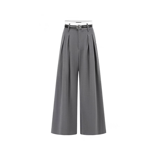 Grey Color-blocked Double-layered Wide-leg Suit Trousers