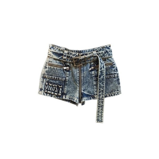 Zipper Accents Denim Cargo Shorts