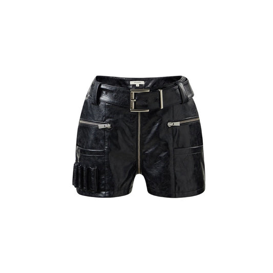 Zipper-adorned Faux Leather Utility Shorts
