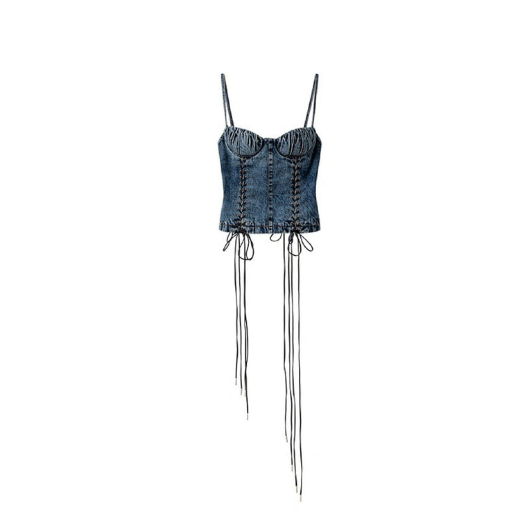 Lace-up Adorned Denim Top