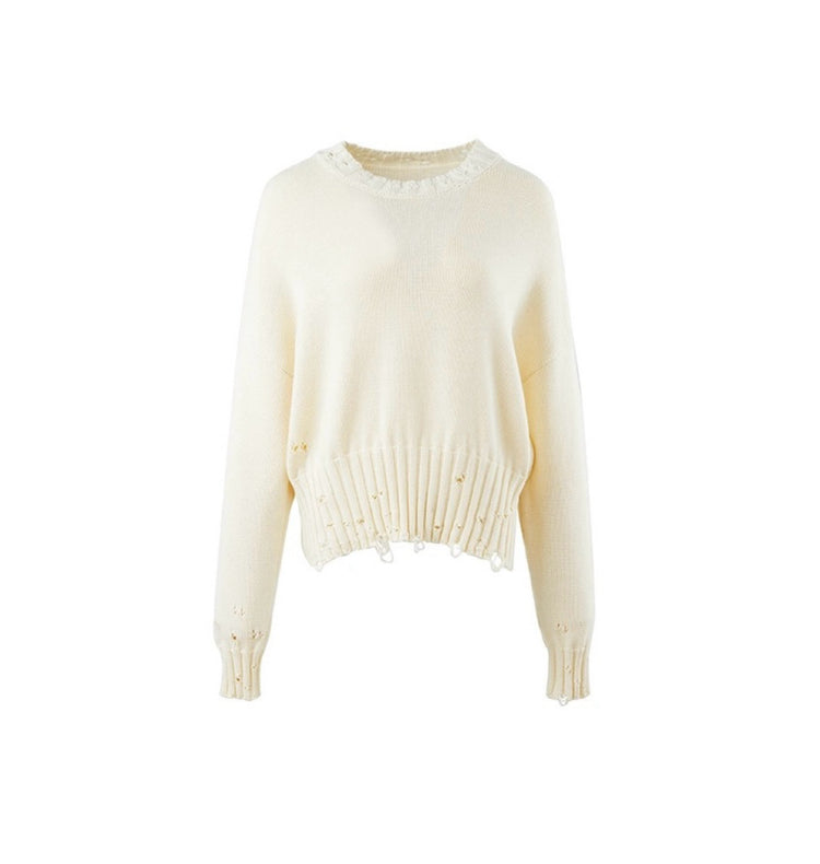 Beige Round-neck Distressed Sweater