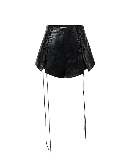 Black Lace-up Adorned Faux-leather Pleated Shorts