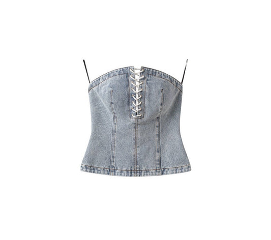 Lace-up Adorned Denim Bandeau Top