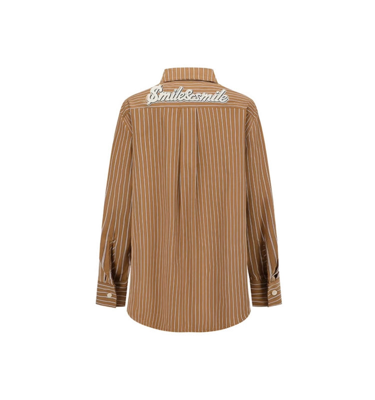 Brown Striped Tie Metal Emblem Shirt