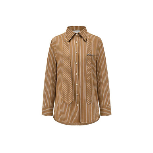 Brown Striped Tie Metal Emblem Shirt