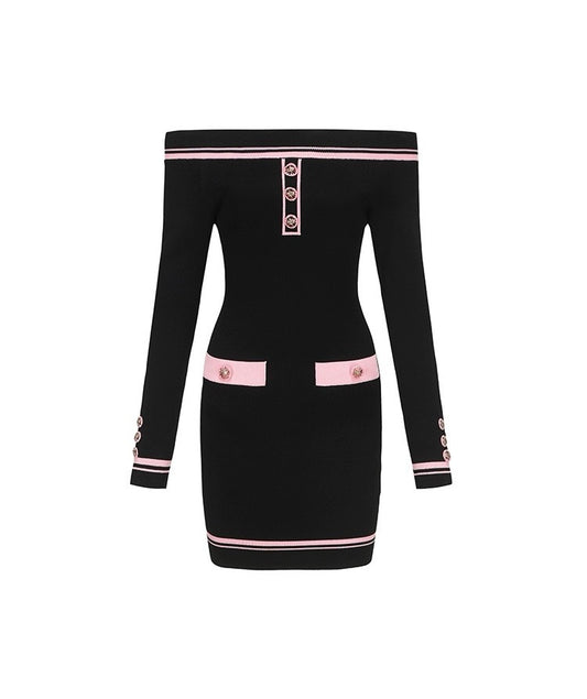 Black And Pink Contrast One-Shoulder Stretch Knit Dress