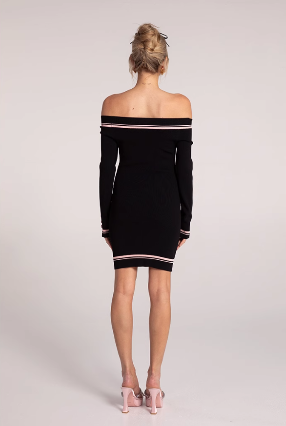 Black And Pink Contrast One-Shoulder Stretch Knit Dress