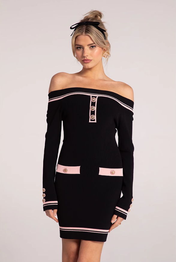 Black And Pink Contrast One-Shoulder Stretch Knit Dress