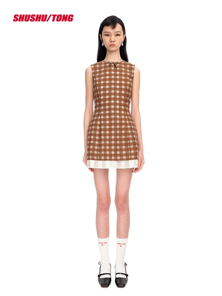 Brown Check Delaine Minidress