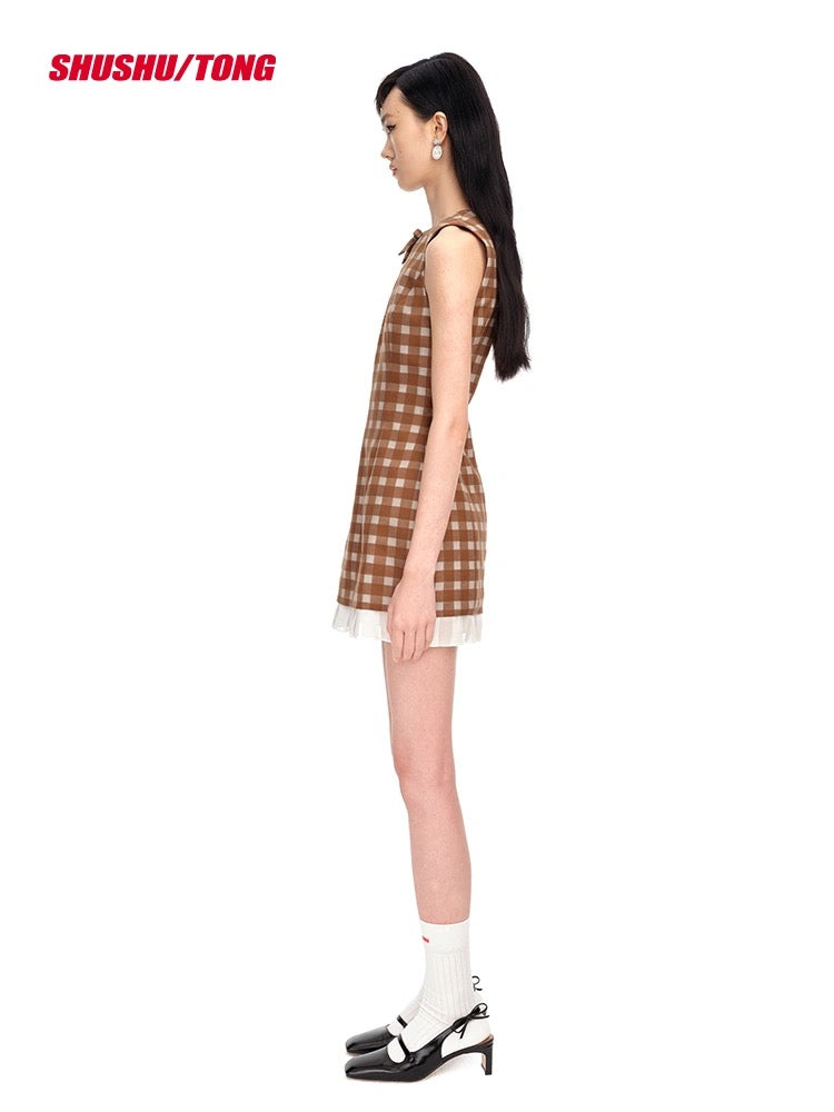 Brown Check Delaine Minidress