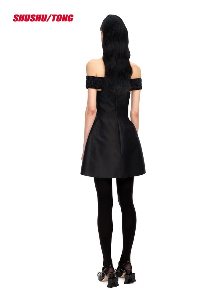 Black Curved Twill Minidress