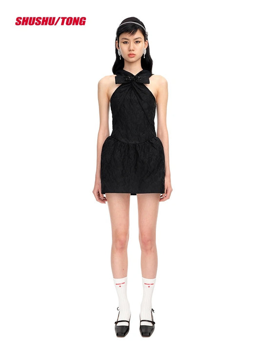 Black Crossover Bow Minidress