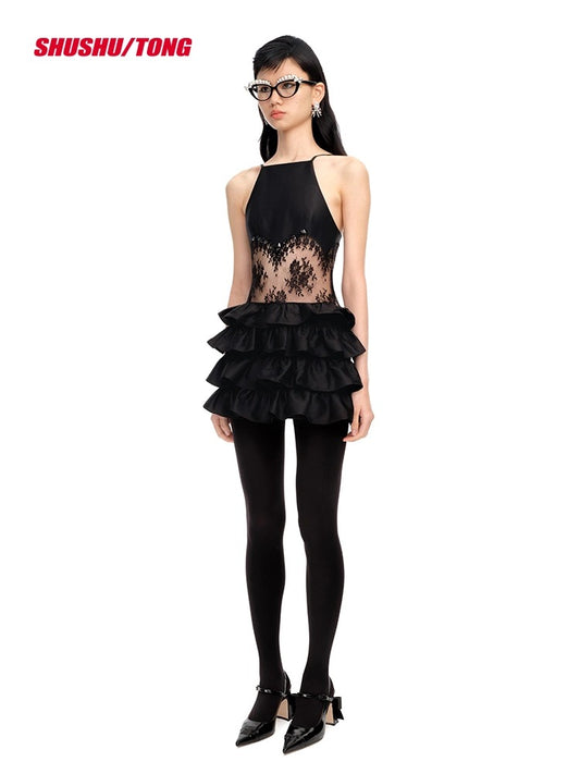 Black Lace Paneled Multi-layer Dress
