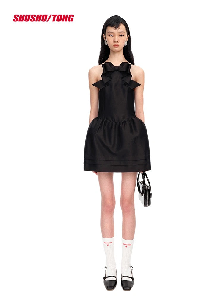 Black Bow Twill Dress