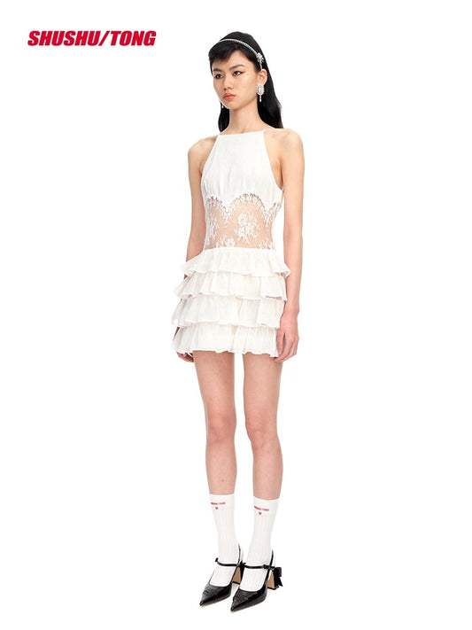 White Lace Paneled Multi-layer Dress