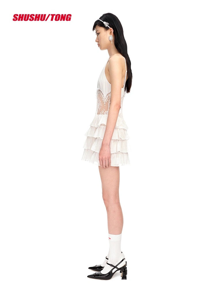 White Lace Paneled Multi-layer Dress