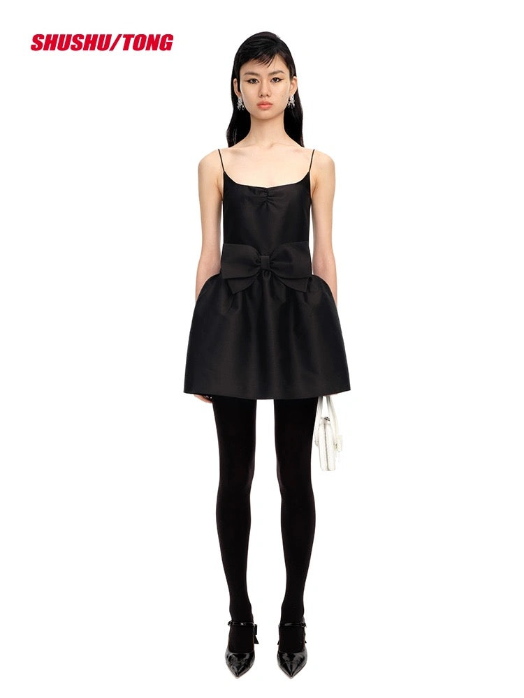 Black Bow Twill Minidress