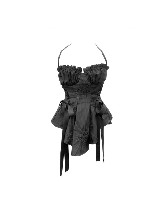 Black Lace Patchwork Ruched Waist Pleated Strapless Top