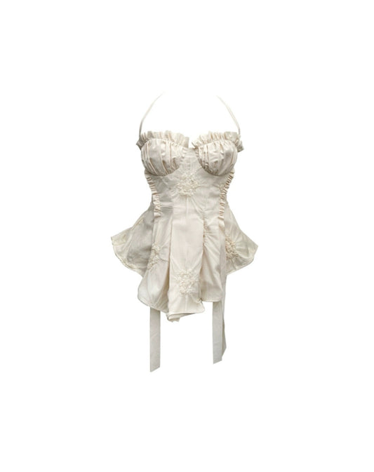 White Lace Patchwork Ruched Waist Pleated Strapless Top