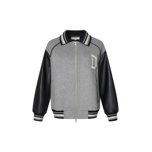 Wool PU Leather Patchwork Baseball Jacket