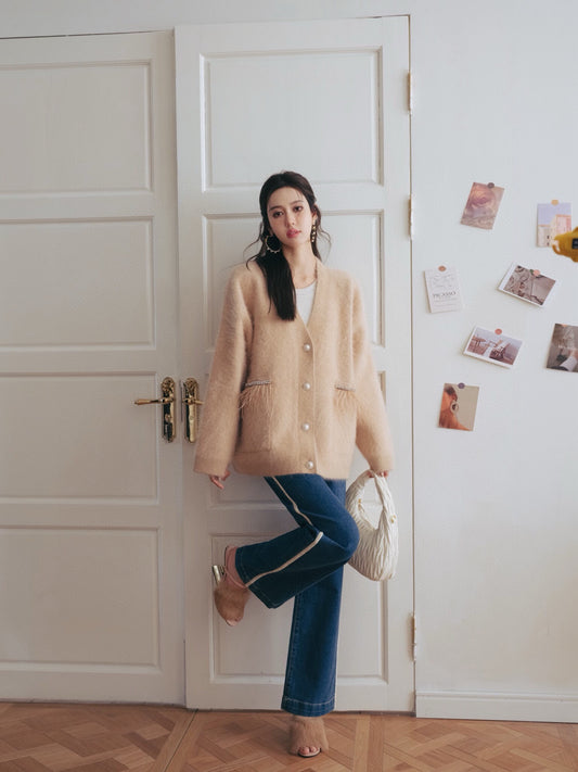 Caramel Raccoon Fur Feather Trim Cardigan