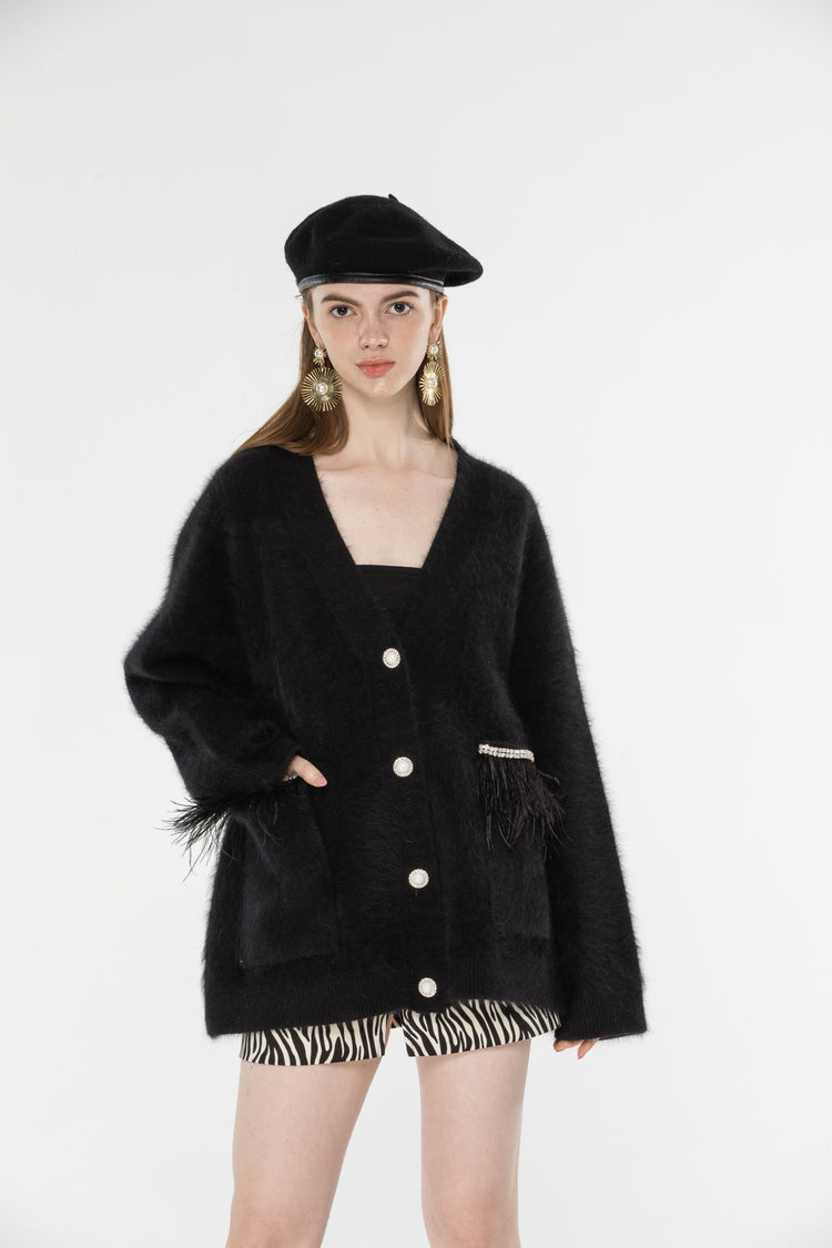 Black Raccoon Fur Feather Trim Cardigan