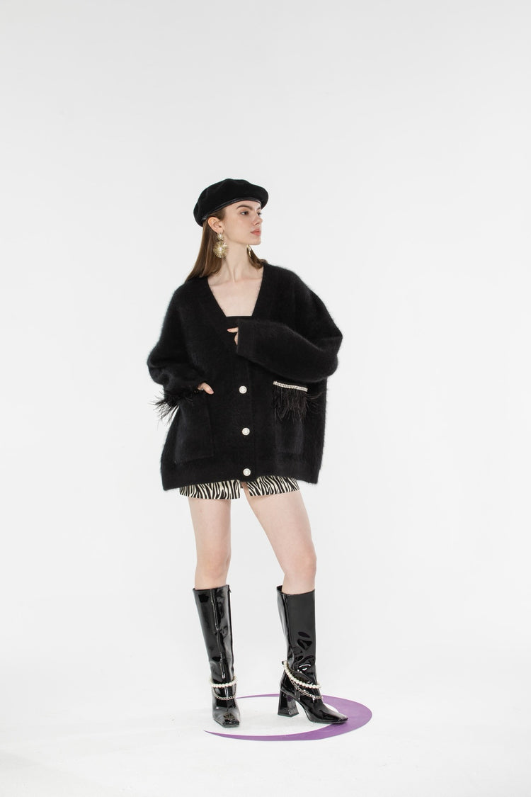 Black Raccoon Fur Feather Trim Cardigan