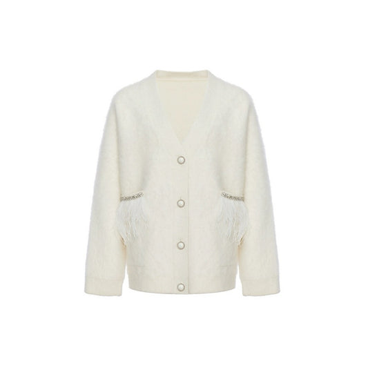 White Raccoon Fur Feather Trim Cardigan