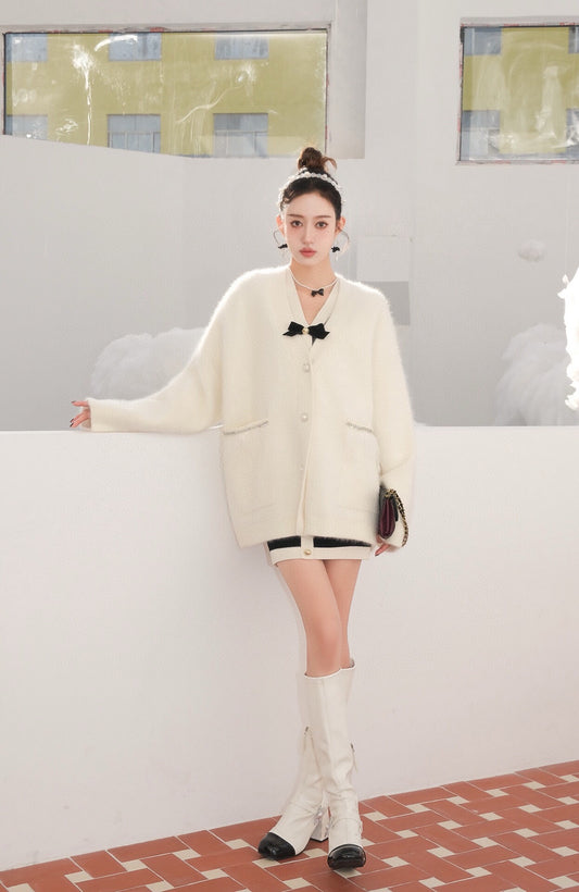 White Raccoon Fur Feather Trim Cardigan