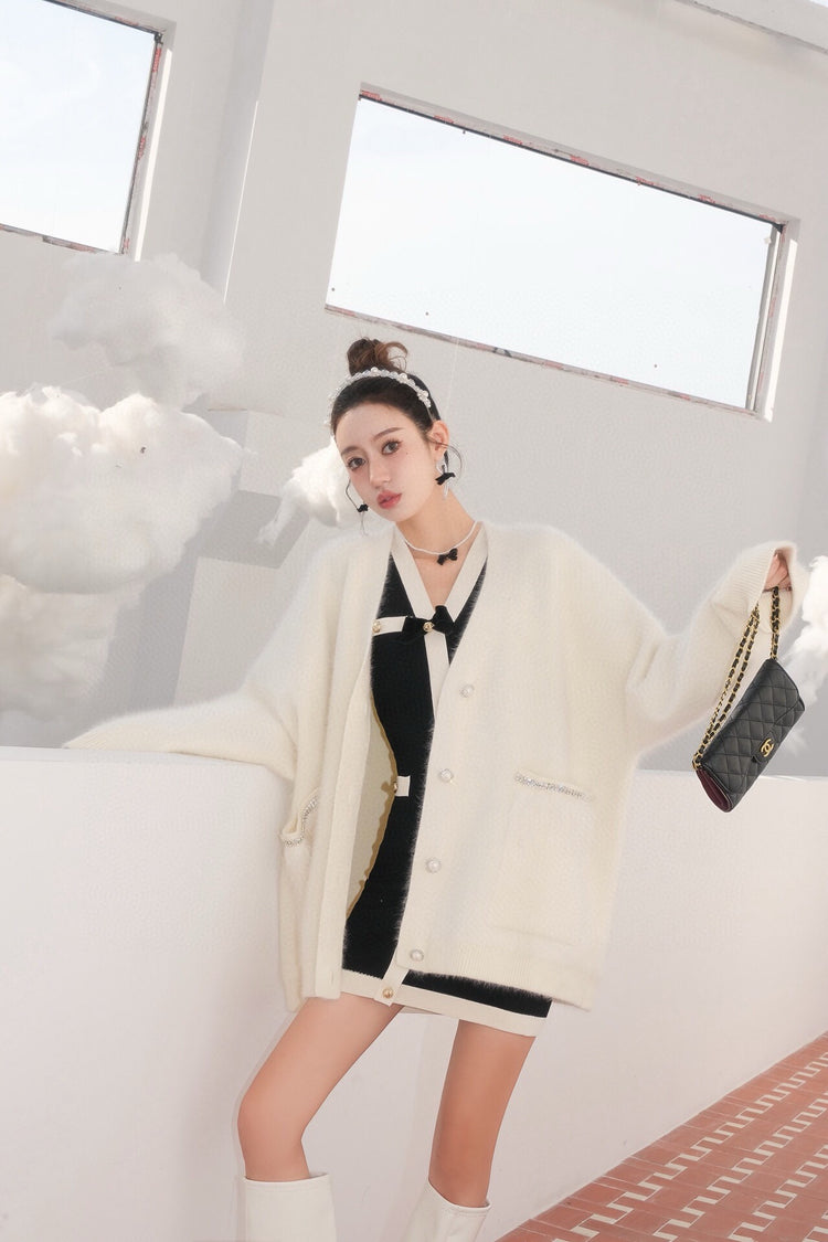 White Raccoon Fur Feather Trim Cardigan