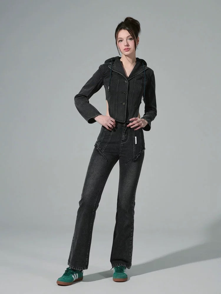 Black Frayed Tag Flare Jeans