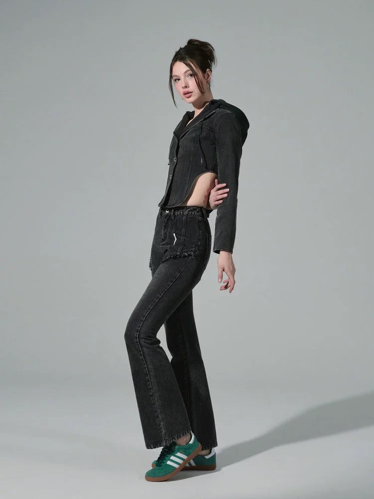 Black Frayed Tag Flare Jeans