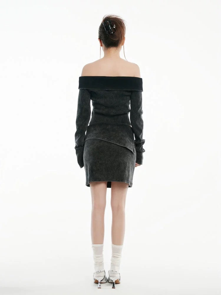 Washed Black Denim Knit Skirt