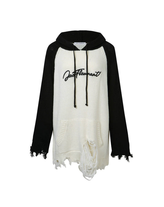 Slouchy Sleeves Embroidered Logo Distressed Knit Hoodie