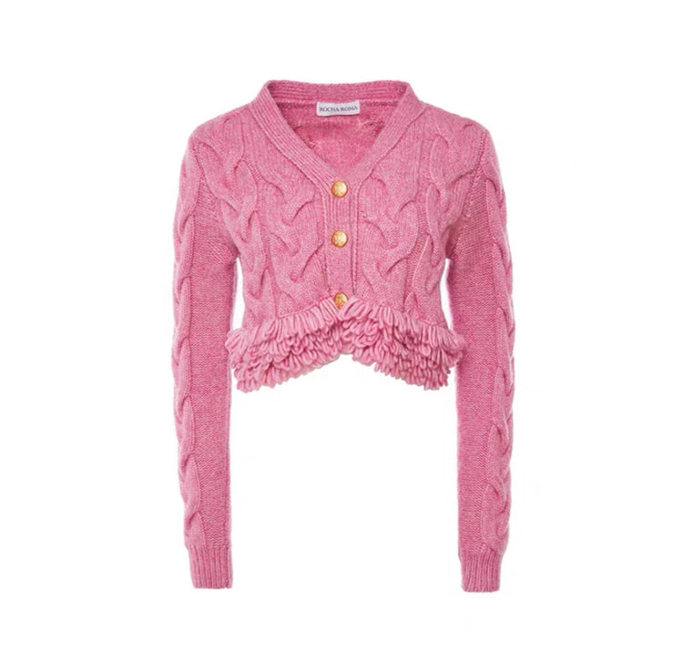 Pink Twisted Flower Edging Ribbed V-neck Knit Cardigan