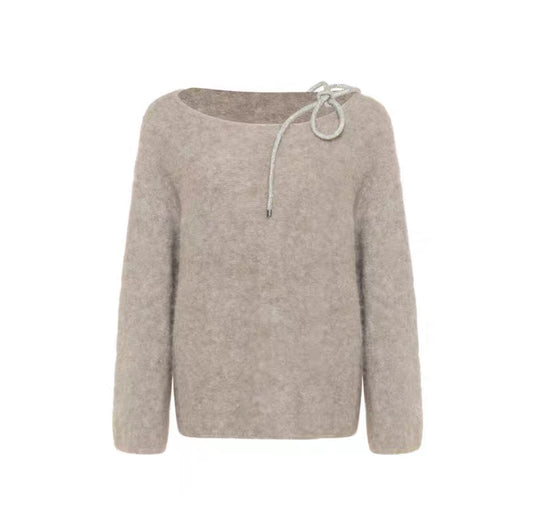 Camel-colored Alpaca Wool Off-shoulder Sweater