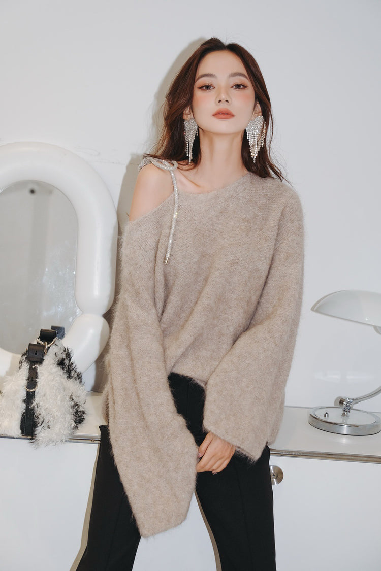 Camel-colored Alpaca Wool Off-shoulder Sweater