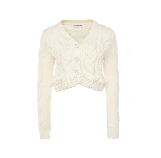 White Twisted Flower Edging Ribbed V-neck Knit Cardigan