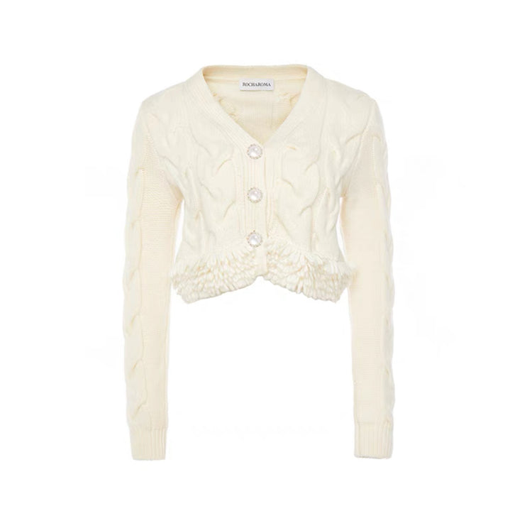 White Twisted Flower Edging Ribbed V-neck Knit Cardigan