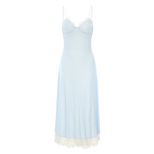 Blue Elegant Lace Trim Slip Dress