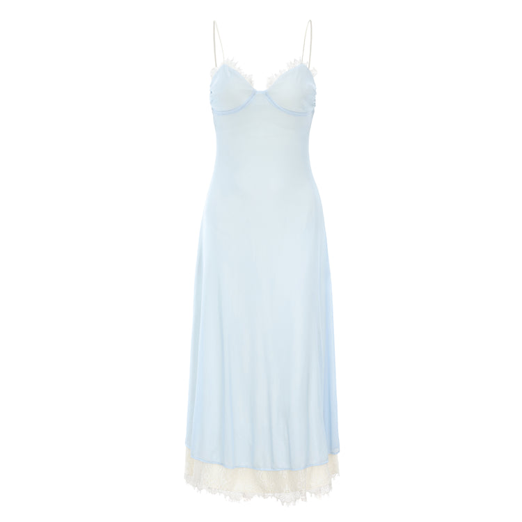 Blue Elegant Lace Trim Slip Dress