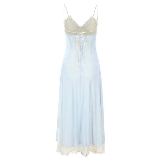 Blue Elegant Lace Trim Slip Dress