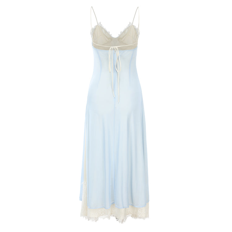 Blue Elegant Lace Trim Slip Dress