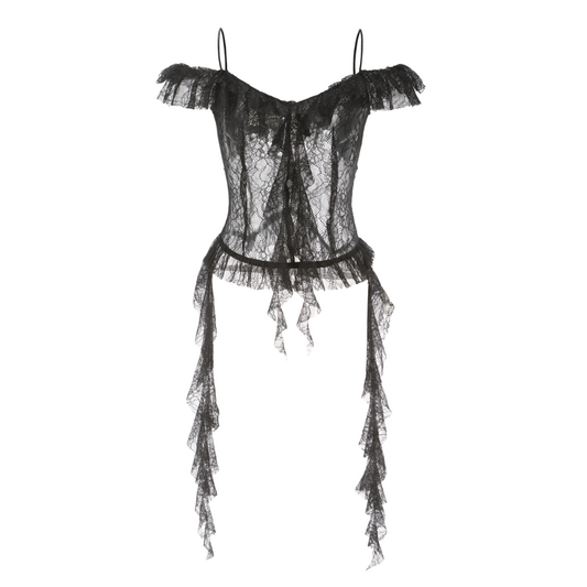 Black Lace Hollow-out Ruched Top