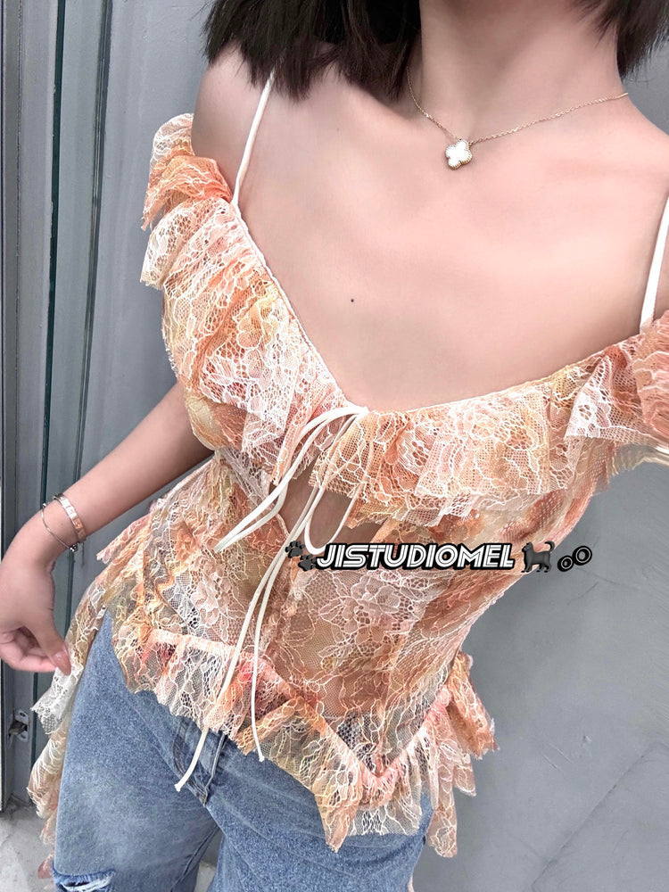 Plant Dyeing Lace Hollow-out Ruched Top