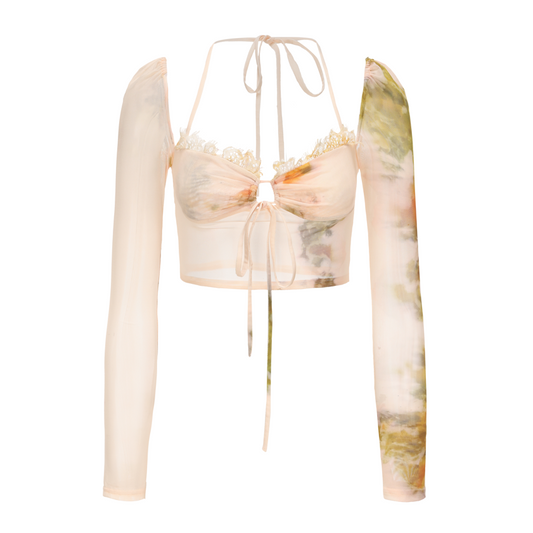 Plant Dyeing Printed Long Sleeve Crop Top