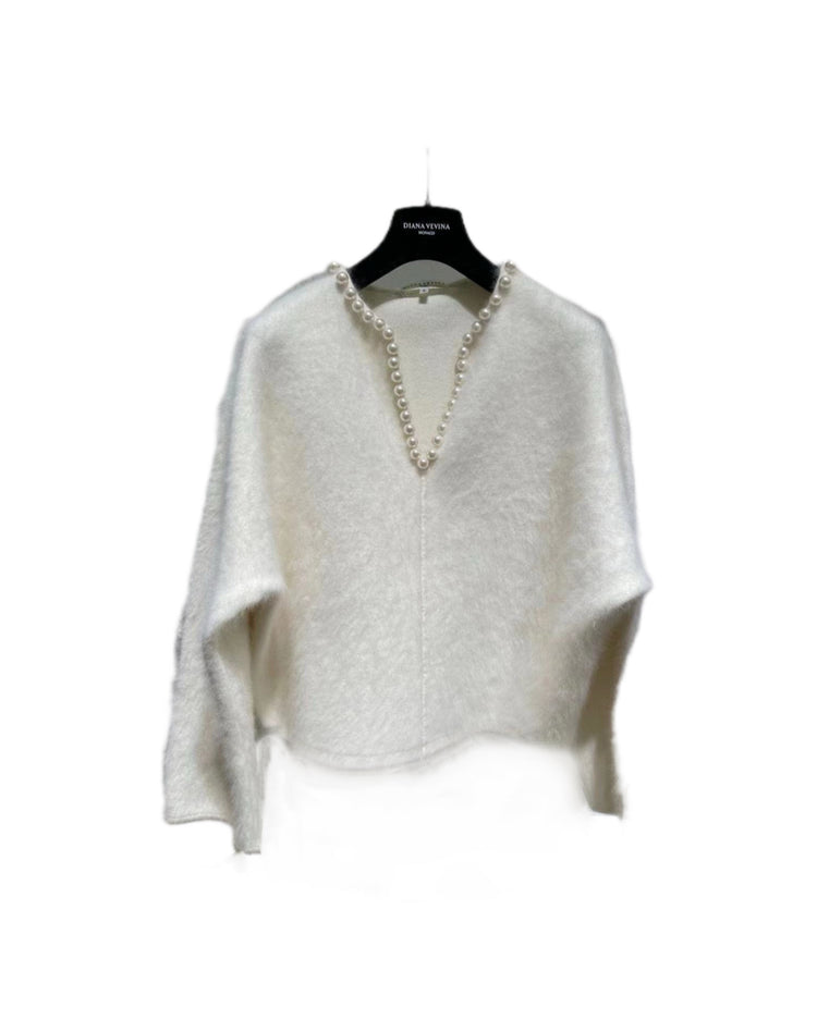 Pearl-Embellished V-Neck Sweater